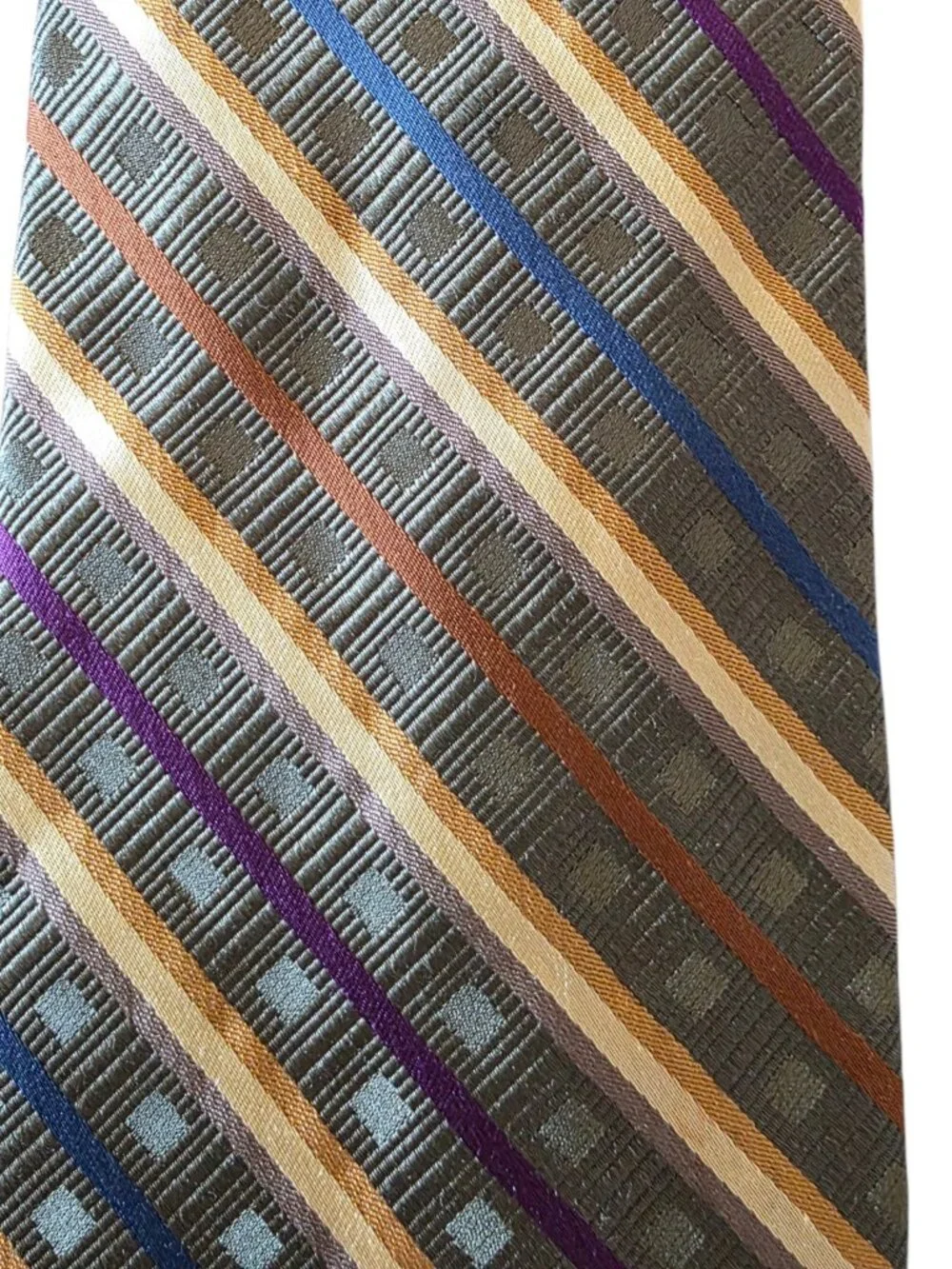 Rooster 100% Silk Tie Green Blue Purple Gold Geometric Striped Necktie 3.5”